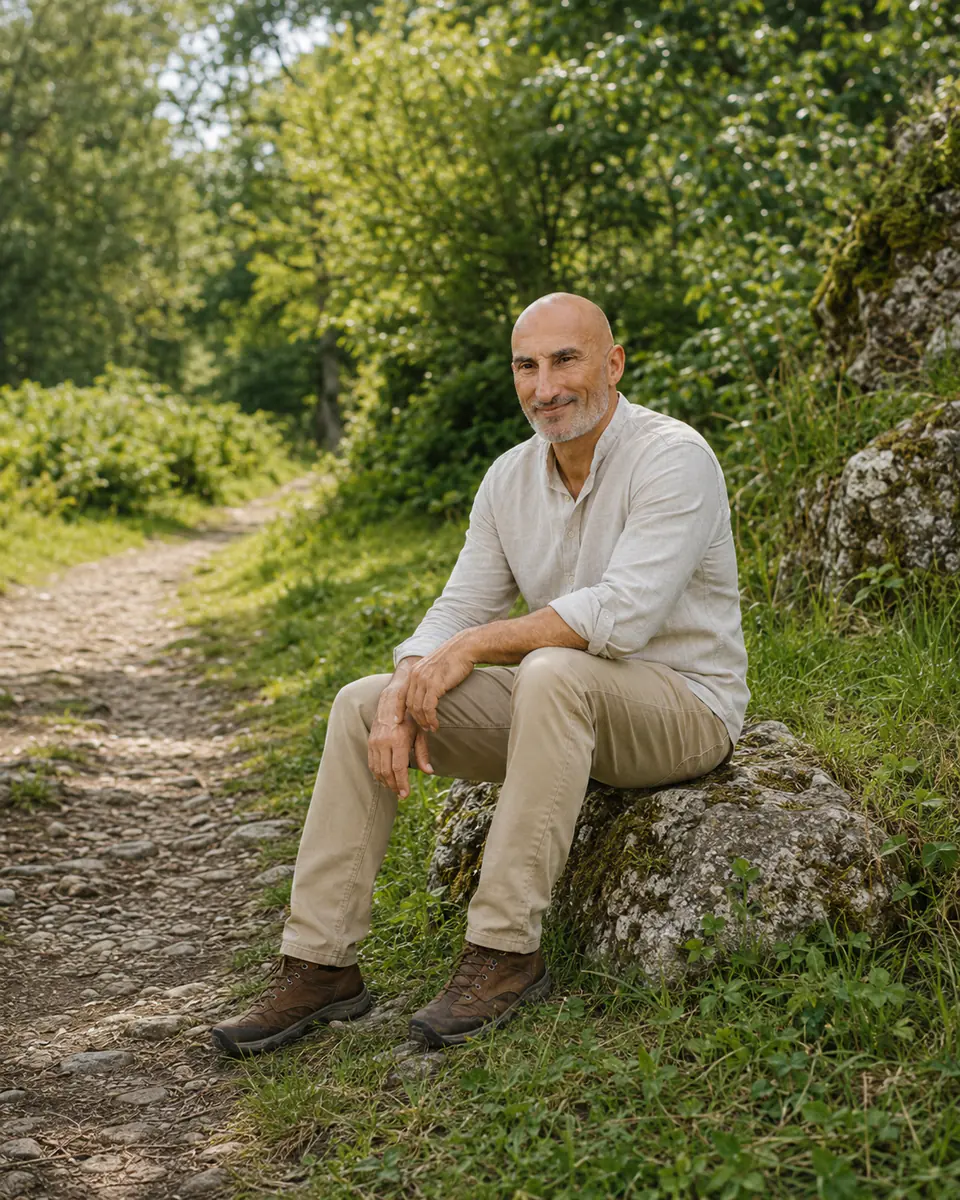 Fred Magry assis au bord d’un chemin dans la nature