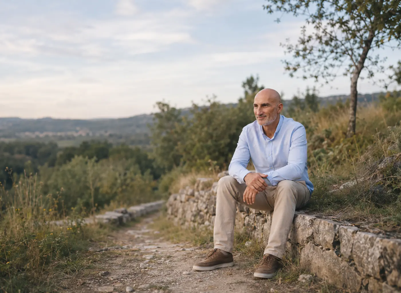 Fred Magry assis face à un paysage naturel