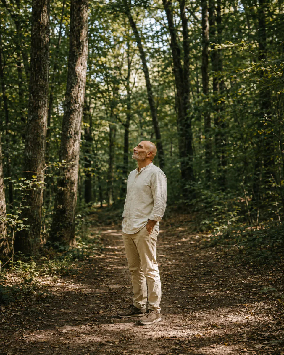 Fred Magry debout dans un sous-bois calme