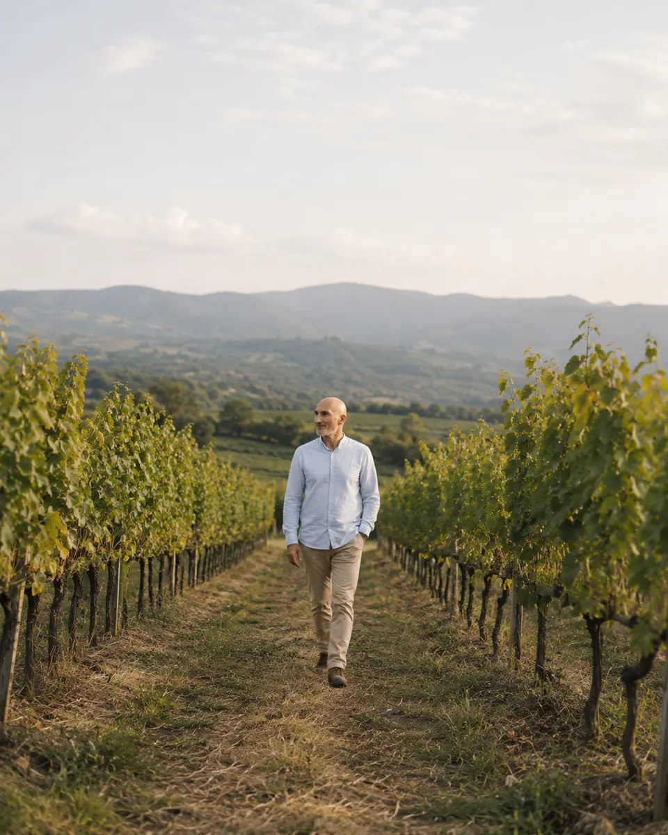 Fred Magry marchant entre les vignes